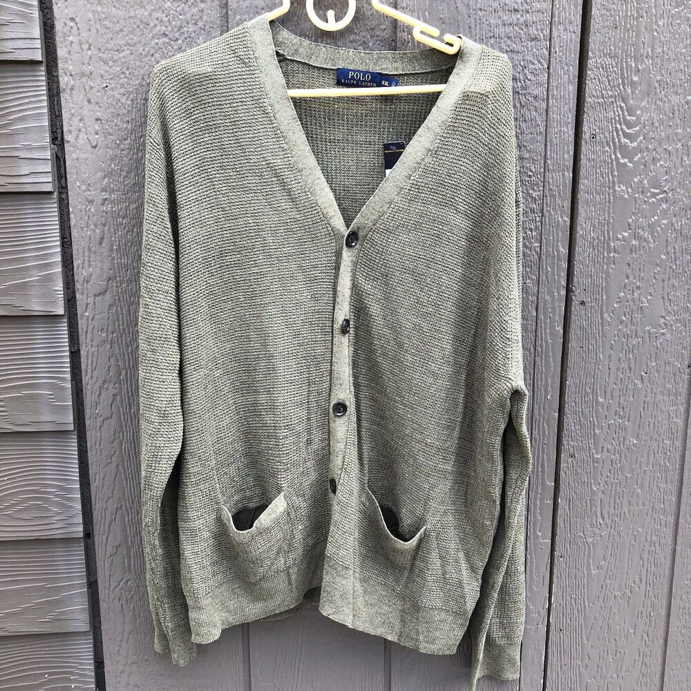 Polo Ralph Lauren Cardigan Sweater Men’s XXL Green Linen Silk Button Up Pockets